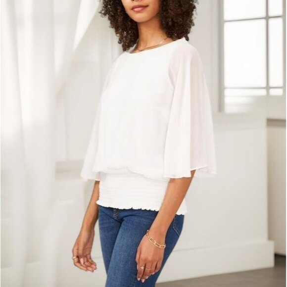 Sam & Jess Womens Round Neck Smocked Waist Blouse Top New Ivory Size S Defected - Picture 1 of 5